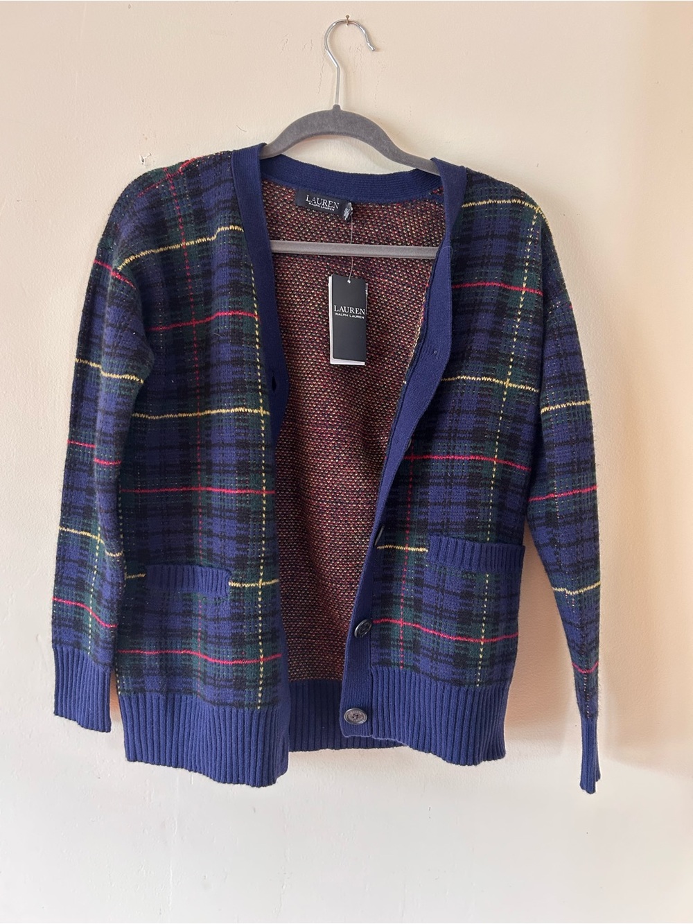 Polo by Ralph Lauren Navy Plaid Cardigan with Red & Yellow Accents